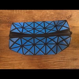 Travel, makeup blue geo bag with wrist strap